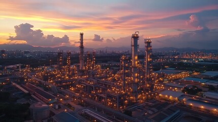 Naklejka premium Industrial complex illuminated at sunset, showcasing energy production.