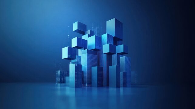 Fototapeta Abstract blue cubes forming a complex structure, reflecting on a dark surface.