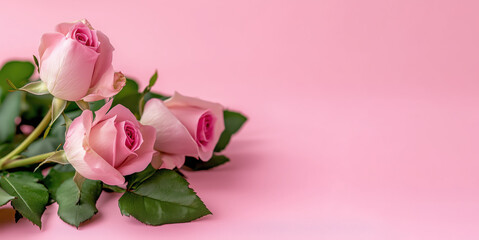 A close-up of blooming pink roses on a soft pink background. The gentle color palette, fresh petals, and elegant composition represent love, femininity, and romance.
