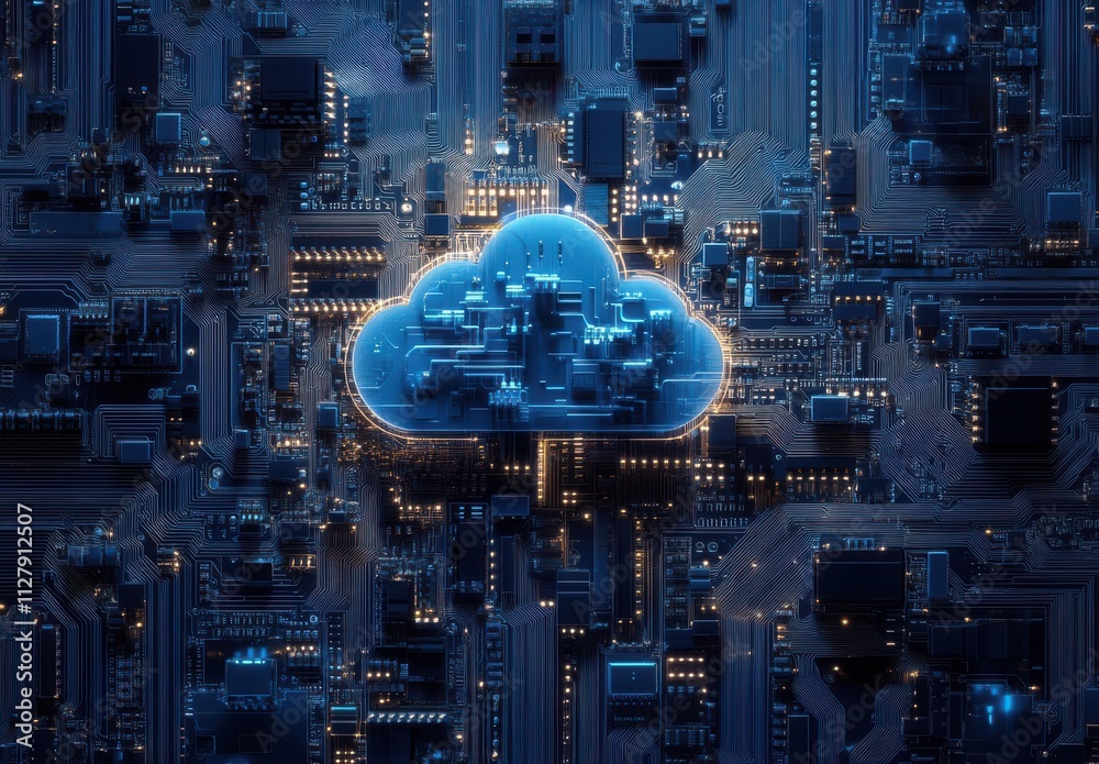 Poster abstract representation of cloud computing technology over a digital circuit background, showcasing 