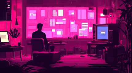 Digital Workspace with Pink Ambient Light and Retro Technology