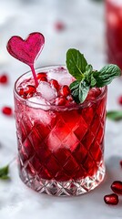 A refreshing cocktail in a crystal glass, garnished with mint and pomegranate seeds, perfect for celebrations.