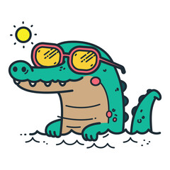 Cute cartoon crocodile wearing sunglasses in a trendy flat color style. Vector illustration, isolated for easy use in kid's designs, playful projects, and water-themed creations.