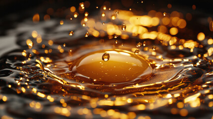 Close up of water droplet creating ripples in golden liquid, capturing beauty of motion and light