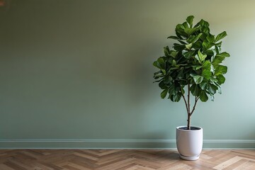 Elegant Sage Green Wall with Lush Fiddle Leaf Fig Tree in Stylish White Ceramic Planter for Luxury Home Design Inspiration