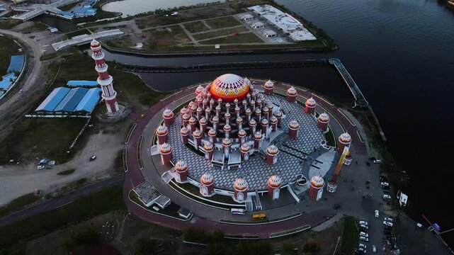 Aerial View Of Masjid 99 Kubah, Waterfront Mosque In Makassar City, South Sulawesi, Indonesia.