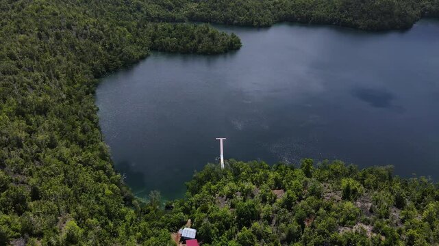 A Stunning View of Lake Matano, Surrounded by Lush Green Forest and a Wooden Jetty, in Sulawesi, Indonesia - Aerial Drone Shot