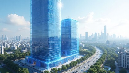 Futuristic skyscrapers design blueprints overlayed on noisy city landscape. Modern architecture with glass facades showcased. Engineering site with transparent structure. AI generated tech solutions.