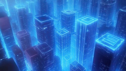 Aerial View of Futuristic Cityscape with Illuminated Skyscrapers in Neon Blue and Digital Grid, Symbolizing Advanced Technology and Urban Development