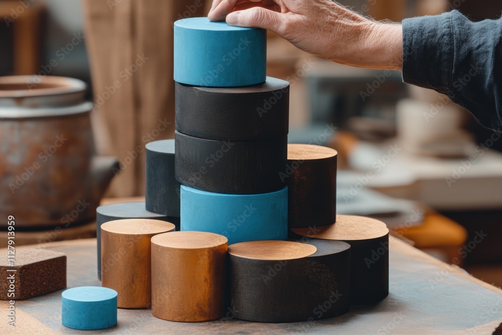 Aufkleber hand arranging colorful cylindrical blocks in a workshop.