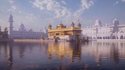 Golden Temple reflected in calm water.