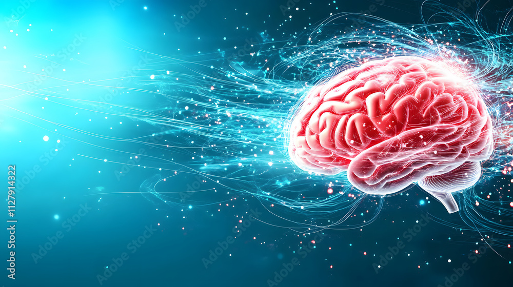Poster a digital illustration of a glowing human brain surrounded by dynamic particles, symbolizing intelli