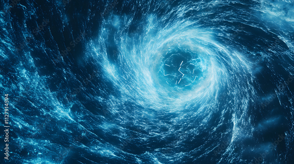 Poster a swirling vortex of luminous blue water, creating an impression of depth and movement, reminiscent 