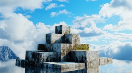 Stone Pyramid Serenity - Tranquil scene, stone pyramid, reflecting water, serene sky, peaceful mountains. Symbolizing ambition, growth, balance, nature, peace.