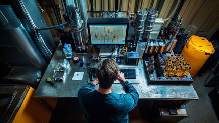 Technician analyzing industrial data in modern laboratory setting, optimizing manufacturing processes with advanced technology and precision equipment.