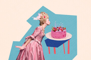 Poster trend sketch template 3D photo collage of marie antoinette historical drama royal opulence style young lady eat cake birthday