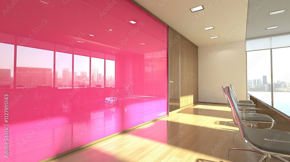 Sticker Modern office interior with vibrant pink glass wall and city view