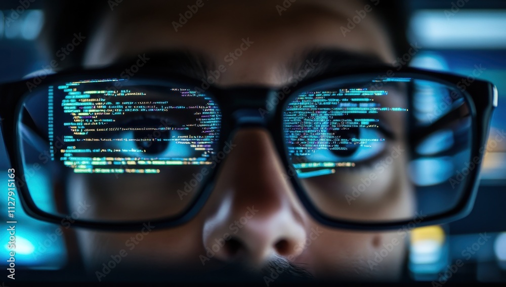 Aufkleber close-up of a person with glasses intensely focused on computer code displayed on screen, reflecting