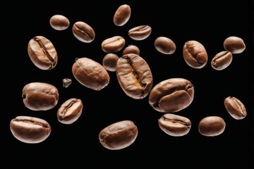 Fototapeta premium Scattered Coffee Beans: Earthy Brown Roasted Background with Varied Sizes and Shapes, Energizing Movement and Warm Tones