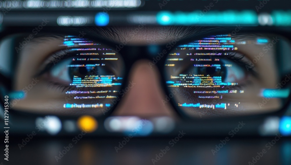 Poster close-up of computer code reflected in eyeglasses, showcasing the intersection of technology and tho
