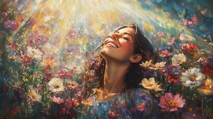 A woman smiling, surrounded by blooming flowers, bright sunlight, joy radiating from within, nature beauty, self-love