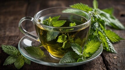 Cup of healthy herbal tea with nettle.Tea with nettles.Fresh stinging nettles