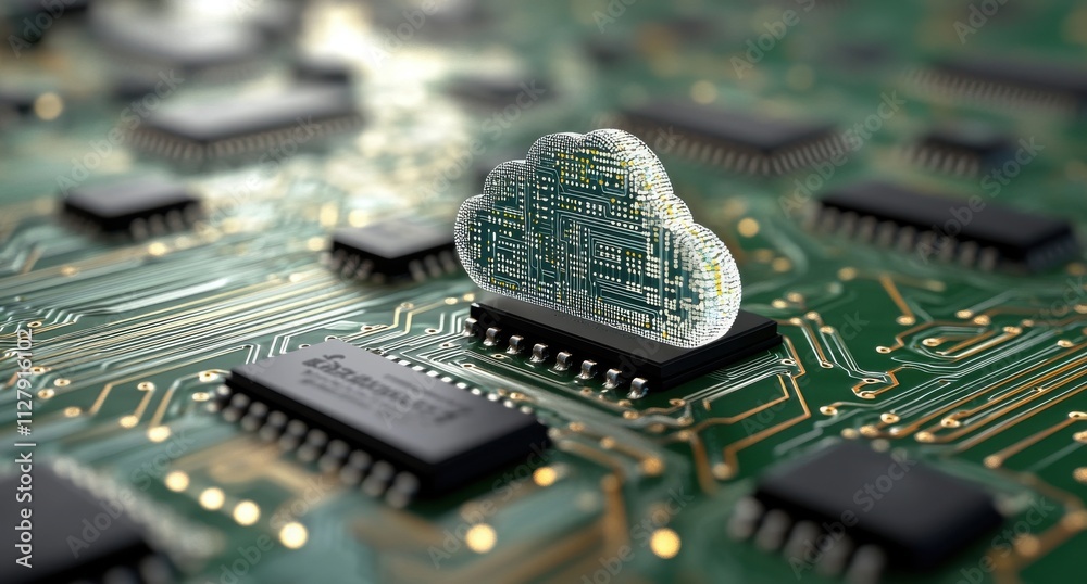 Poster cloud computing concept with circuit board background featuring a transparent cloud symbol represent