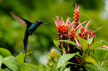 Extraordinária fotografia de um Beija-Flor-Tesoura (Eupetomena macroura) se alimentando da planta camarão-laranja com um fundo verde de folhas na florestas. Ideal para quadros e planos de fundo