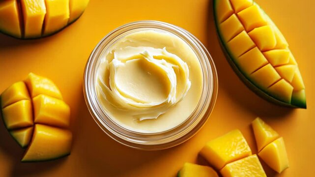 Creamy mango butter in jar surrounded by fresh mango slices on a vibrant orange background