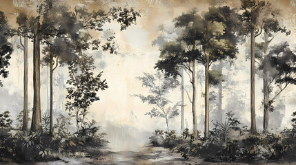 Vintage trees forest drawing european antique wallpaper mural. Fresco. Illustration