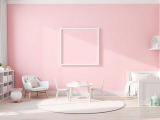 Empty horizontal picture frame on pink wall in modern child room mock up interior in scandinavian style with bed, table, chairs, toys, cozy room for kids, 3d rendering, picture frame, child room