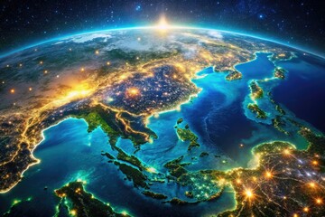 Obraz premium Aerial night photography reveals Asia's dazzling urban landscape; a constellation of lights from space.