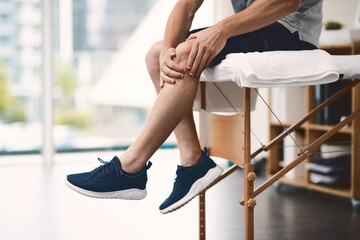 Chiropractor, hands and knee pain with injury inflammation on bed for health consultation and...