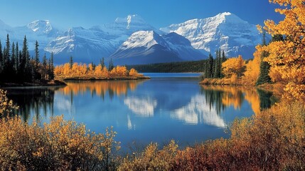 Naklejka premium 62.A breathtaking autumn scene of Lake Louise, where the still water reflects the snow-capped Rocky Mountains in sharp detail. The shoreline is dotted with golden trees and brush, adding rich fall