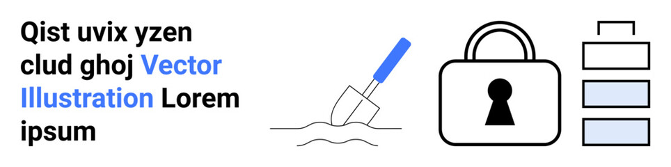 Lock with keyhole, trowel digging, and text blocks representing layers of security. Ideal for digital security, data protection, information safety, encryption, secure infrastructure, online privacy