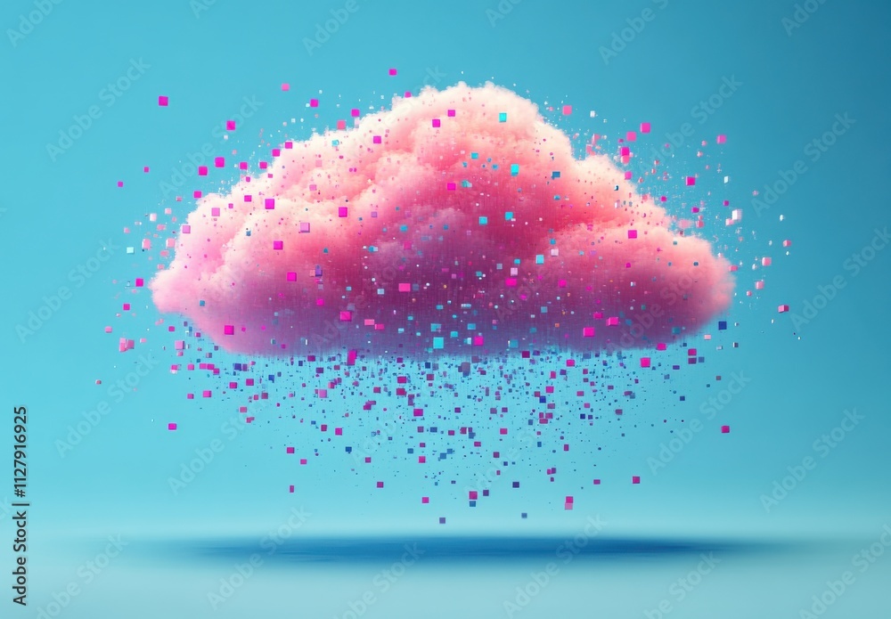 Poster colorful digital cloud with floating particles representing data and technology, artistic representa