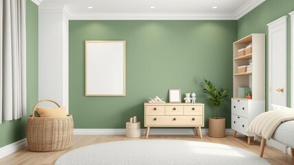 Empty vertical picture frame on green wall in modern child room mock up interior in scandinavian style with console rattan basket, cozy room for kids, 3d rendering, scandinavian style, child room
