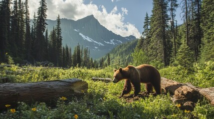 74.A cinnamon bear is seen digging at the forest floor in Glacier National Park, framed by a backdrop of towering trees and mountain ridges. The bearâ€™s muscular build and rich brown coat are