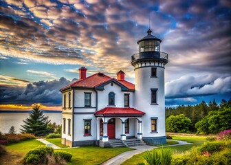 Stunning Portrait Photography of Admiralty Head Lighthouse in Fort Casey Historical State Park, showcasing the historic structure against a dramatic sky and lush greenery of Washington State