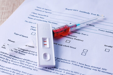 High Angle Of HIV Blood Test Result And Syringe With HIV Test Kit