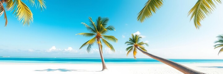 Fototapeta premium Exotic tropical beach with palm trees stretching over turquoise sea, white sand, idyllic