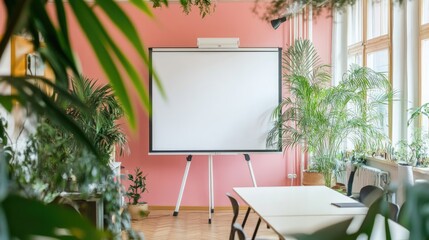 Modern Meeting Room with Green Plants and Blank Presentation Board