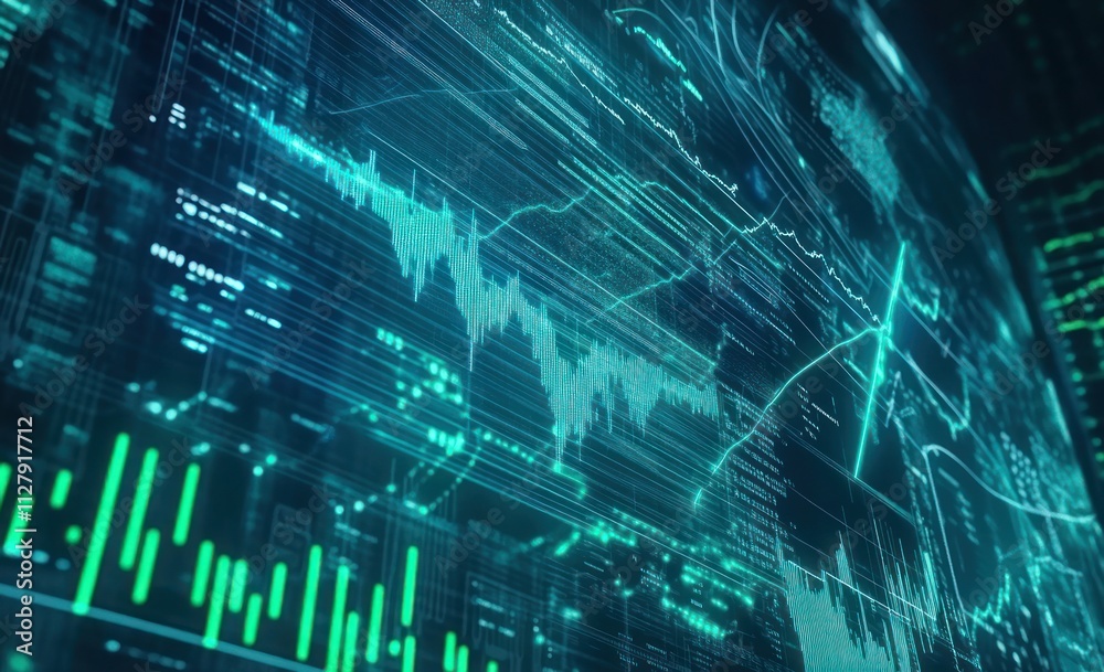 Aufkleber Futuristic digital data visualization with glowing lines and graphs.