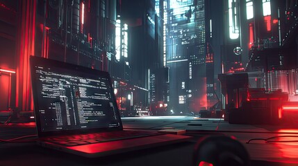 Futuristic Urban Scene with Laptop and Neon Cityscape Background