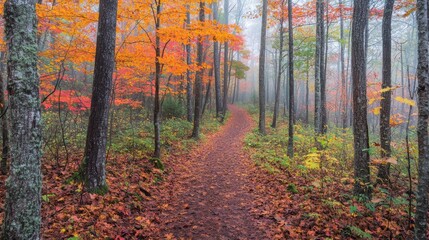 Obraz premium 77.An enchanting forest path in autumn, with maple trees showcasing bright orange, red, and yellow leaves, creating a canopy over the trail. The ground is covered with freshly fallen leaves, and the