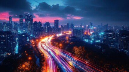 Vibrant Night Cityscape with Dynamic Light Trails and Neon Colors in Cyberpunk Style