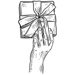 Hand Holding Gift Box Handdrawn Illustration
