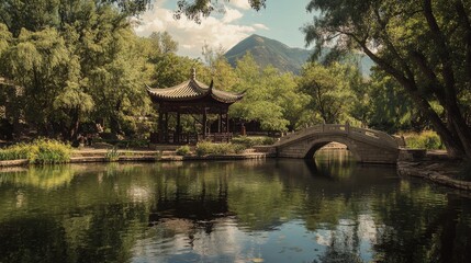 55.A peaceful landscape of Black Dragon Pool Park in Lijiang Old Town, with a majestic Chinese pavilion and pagoda surrounded by lush greenery and tall trees. The stone arch bridge curves gracefully