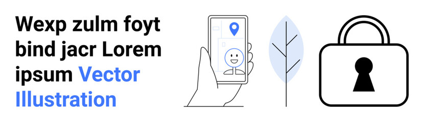 Hand holding a smartphone displaying a happy face and location pin. Adjacent are a leaf outline and a padlock icon with a keyhole. Ideal for security apps, nature, technology, digital services