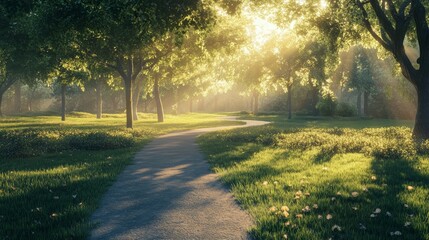 Obraz premium 39.A peaceful park at sunrise, featuring a meandering pathway lined with lush trees and greenery. Gentle sunlight illuminates the landscape, casting a warm glow over the fresh grass and leaves. The
